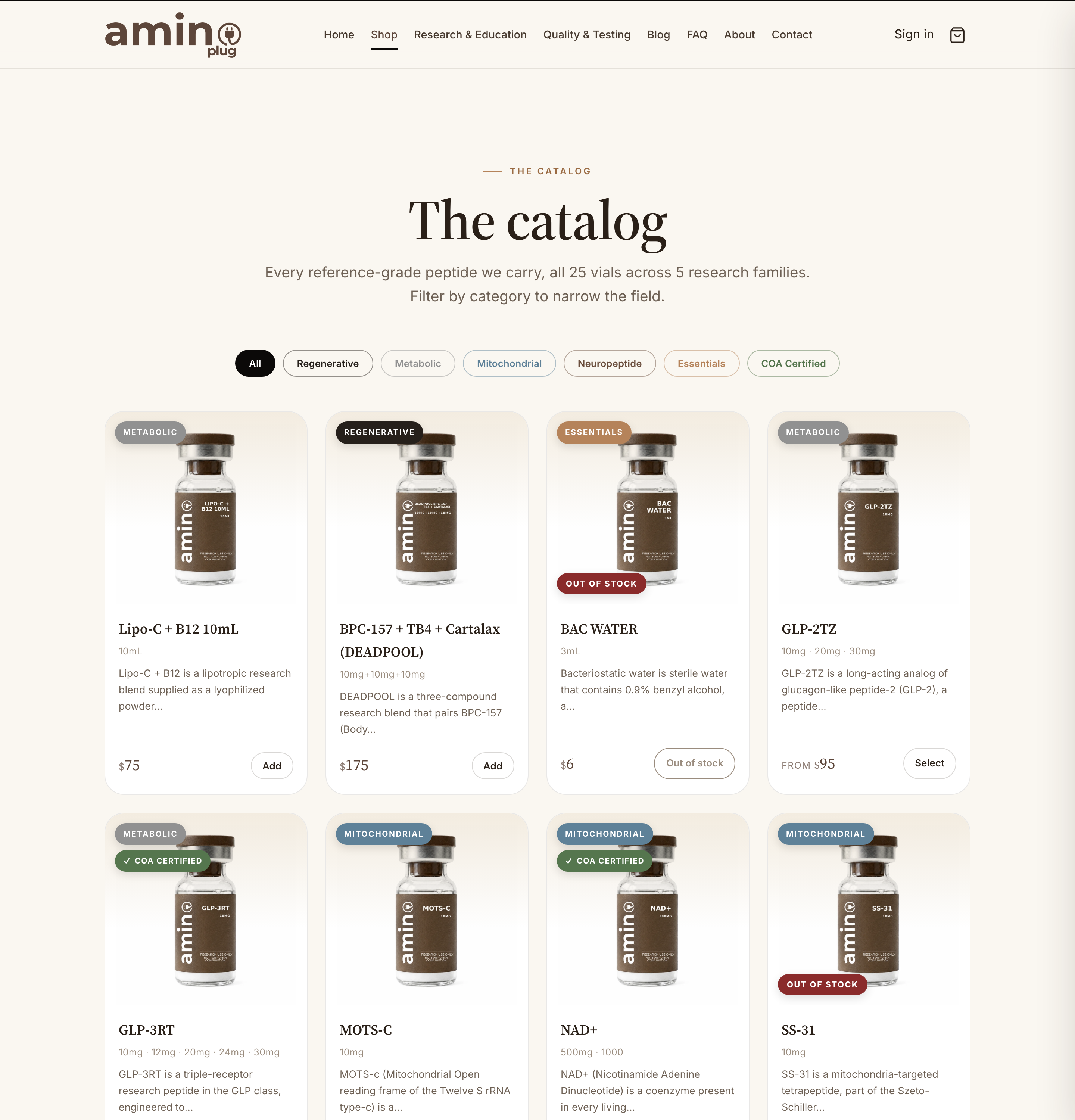 The Amino Plug catalog page showing a grid of research vials with category color badges, a COA Certified filter, and out-of-stock labels.