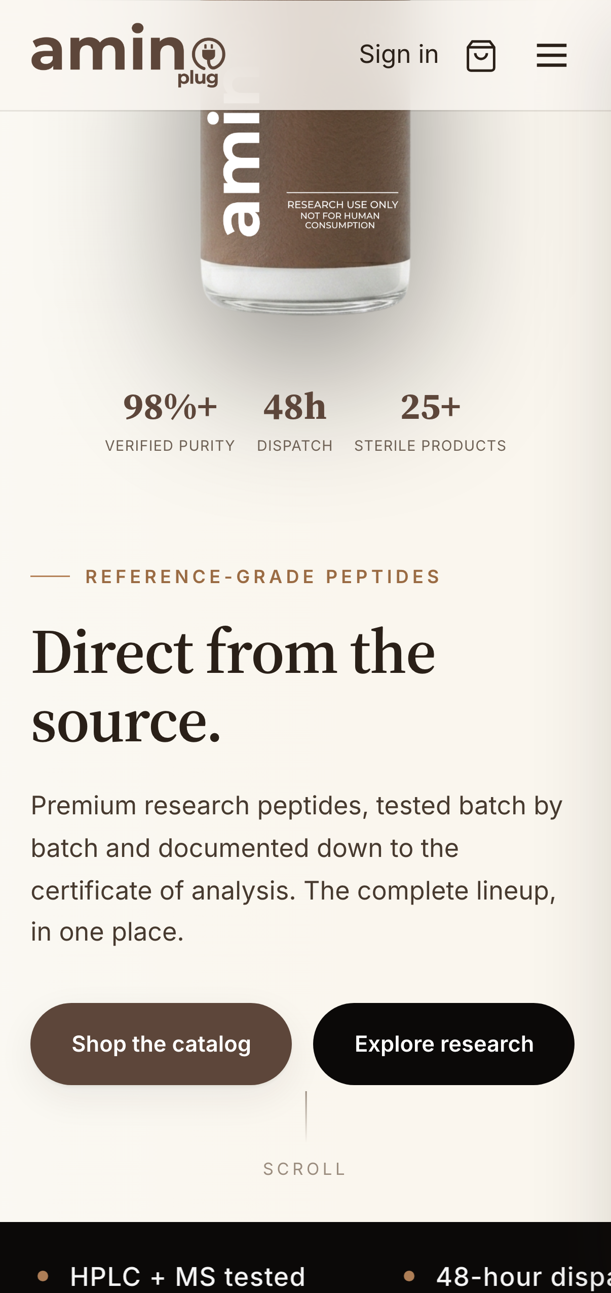 The Amino Plug homepage on a mobile phone, showing the responsive layout with the vial, stats, and call-to-action buttons.