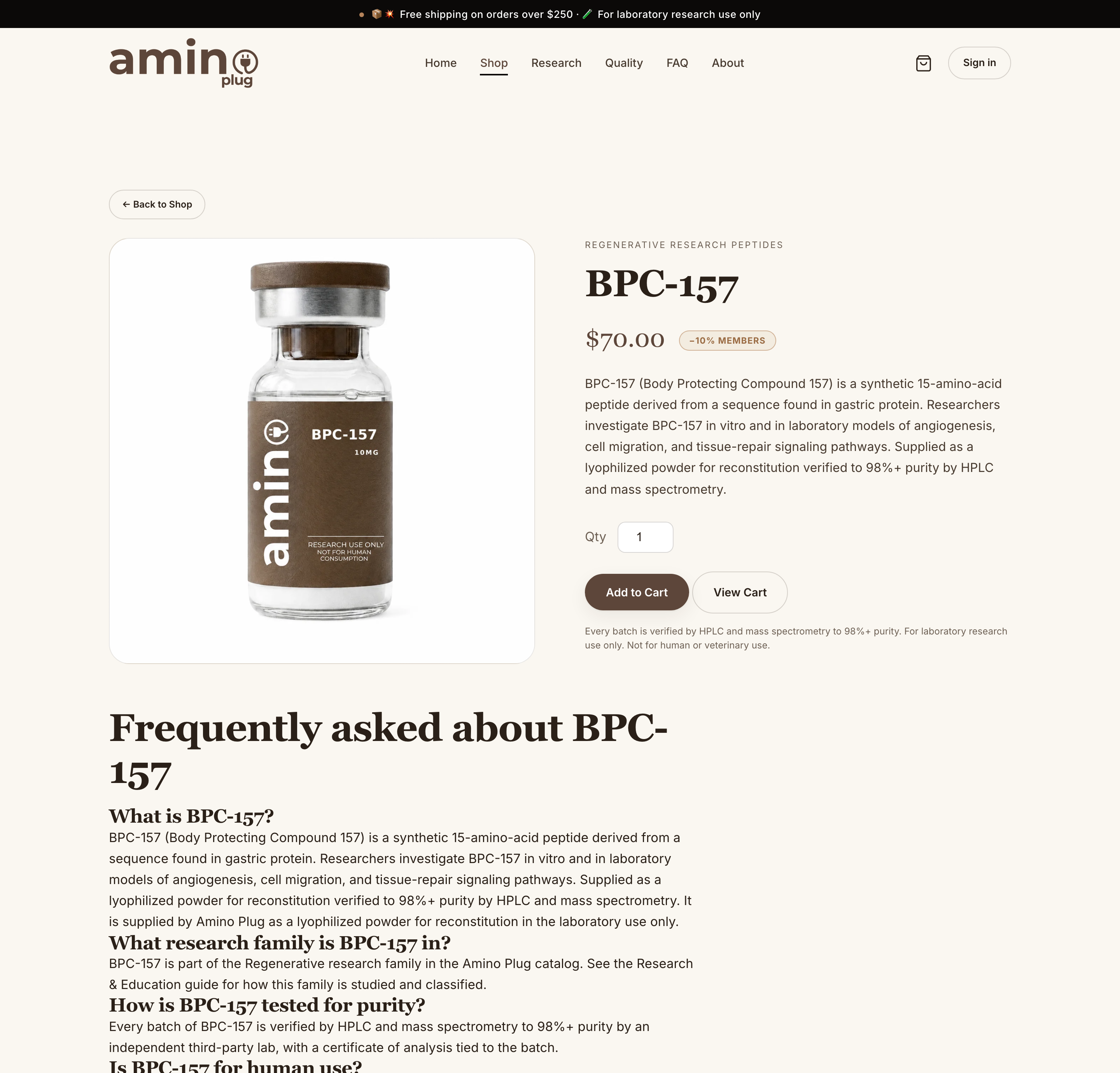 An Amino Plug product page for BPC-157 showing member pricing, research-use context, and reconstitution and purity testing details.