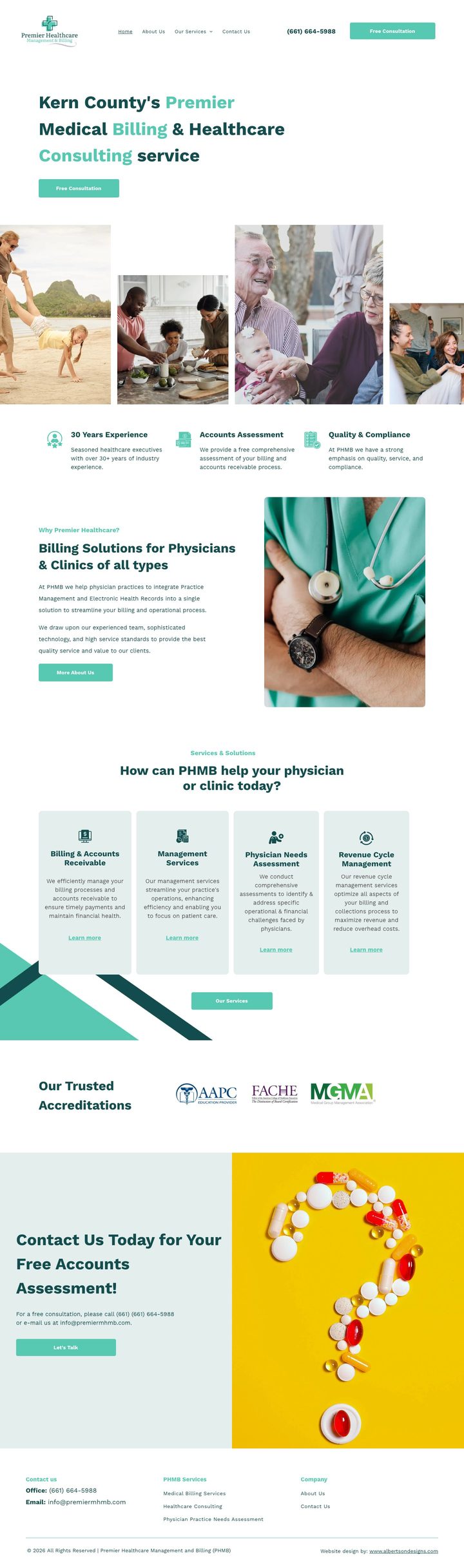 Premier Healthcare full homepage, a custom website by Albertson Designs. Hover to scroll the full design, click to enlarge.