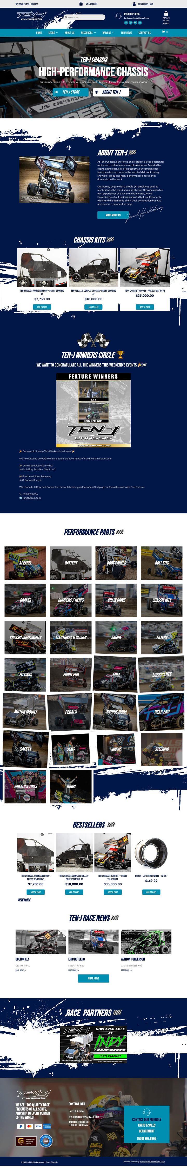 Ten-J Chassis full e-commerce homepage, a custom website by Albertson Designs. Hover to scroll the full design, click to enlarge.